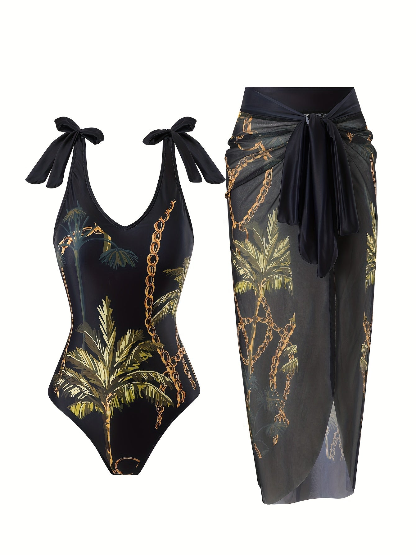 Green Coconut Tree Print Seamless V-Neck Tie-Dye Gauze Skirt Two-Piece Women's Sunscreen Suit