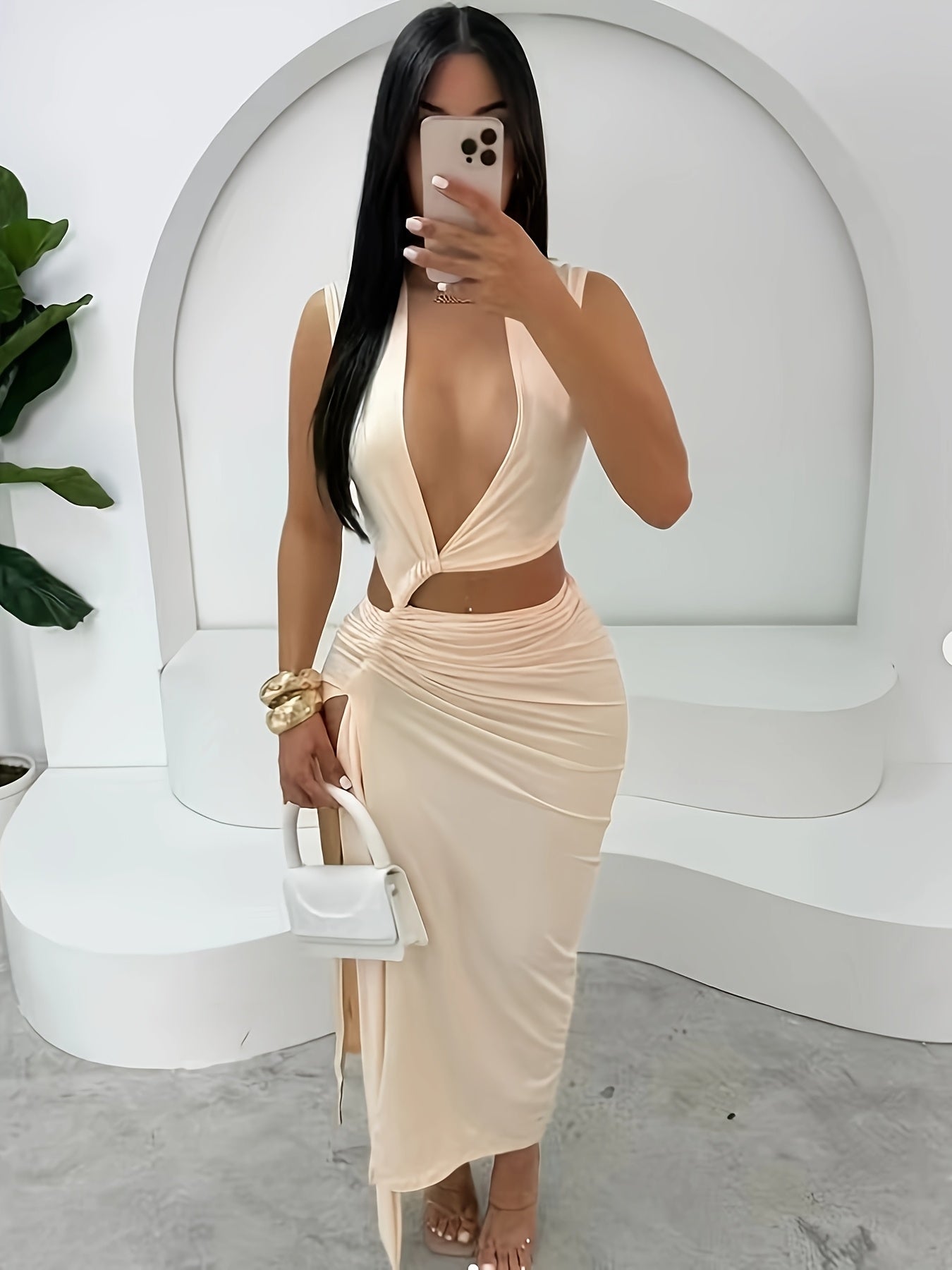 Sexy V-Neck Sleeveless Dress for Women - Chic Solid Color, Asymmetrical Hem, Cut-Out Detail, Perfect for Spring/Summer/Fall, Polyester 95.0% Spandex 5.0%, Fashion Statement| Asymmetrical Hem| Polyester Blend