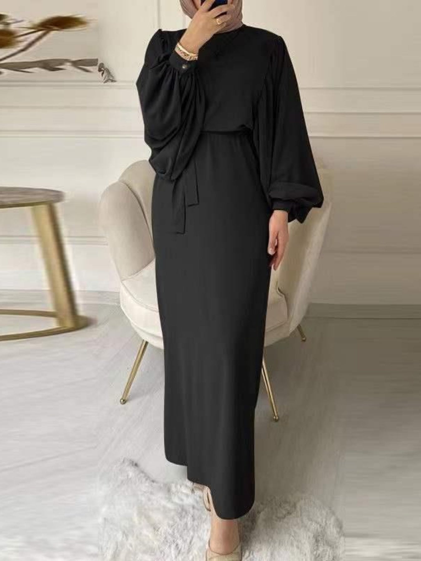 Women'S Long Dress, Solid Color, Round Neck, Lantern Sleeve, Abaya, Modern Arabic Style, Casual Dress with Belt, Polyester Fabric, 100g/m², for Adult, All Season