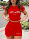 9600WM22 European and American Women's Large Size Women's Round Neck Short Sleeve Shorts with Letter Print Two Piece Set