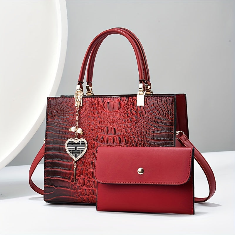 Women's Casual Large Capacity Handbag - Crocodile Pattern PU Purse with Removable Strap | Zipper Closure | Polyester Lining