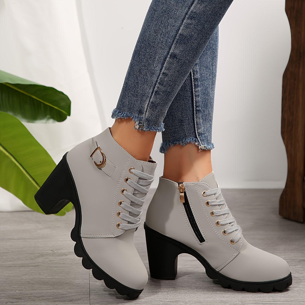 Trendy Womens Chunky Heel Ankle Boots - Secure Lace-Up, Smooth Zipper, Supreme Comfort - Mid-Calf Height, Stylish Design
