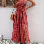 Bohemian Style Bandeau Dress, Polyester 100% Shirred Maxi Jumpsuit with Side Slit, Ethnic Print Chiffon Wide Leg Romper for All Seasons, 230g/m² Woven Fabric, Adult Fashion
