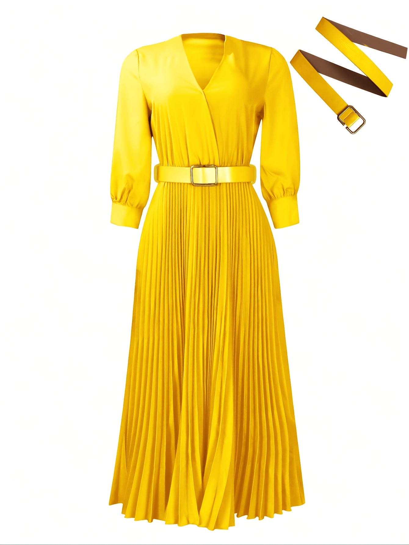 Elegant V-Neck Pleated Midi Dress with Belt for Women - Chic Long Sleeve, Cinched Waist, Ribbed Texture, Perfect for Spring & Fall Formal Event