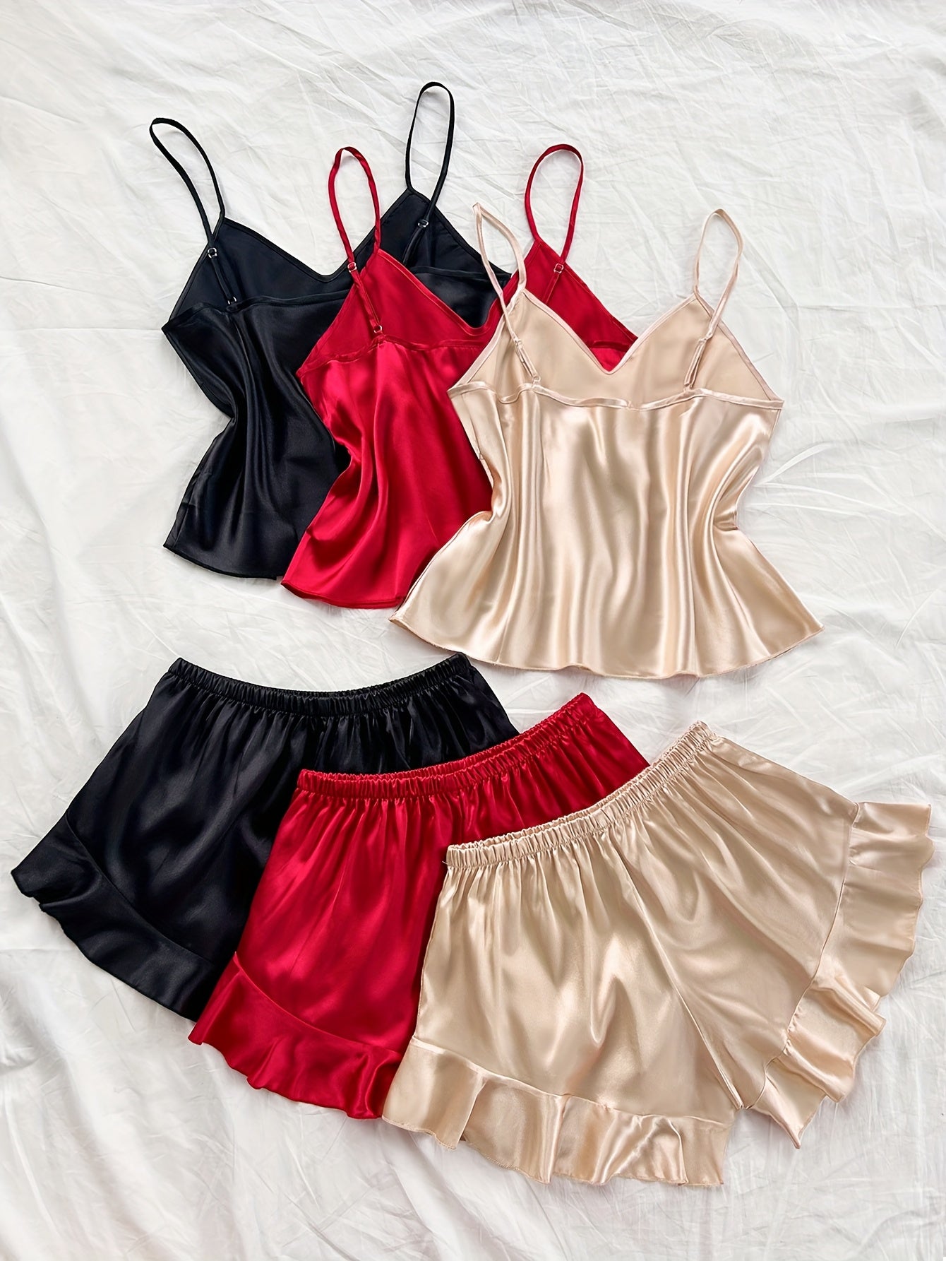 6pcs Set of Stylish And Sexy V-Neck Camisole And Ruffled Shorts Made of Faux Silky, Perfect for Casual And Comfortable Wear in All Seasons.