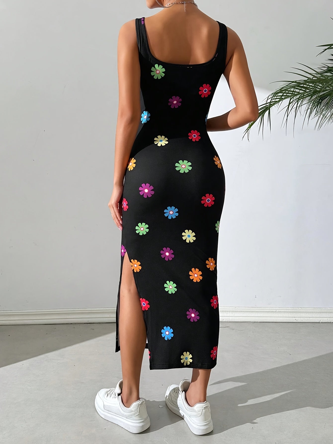 Colorful Floral Print Split Hem Midi Dress - Stylish Summer Wear for Women, Polyester and Spandex Blend, Machine Washable