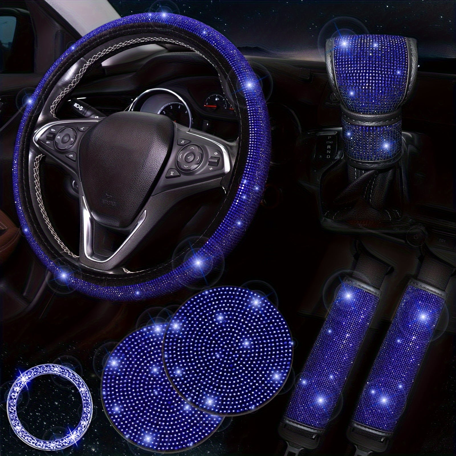 Bling Car Accessories For Women, Bling Steering Wheel Cover Bling Car Coasters Bling Set Seat Belt Shoulder Pads Ring Emblem Sticker Gear Shift Cover