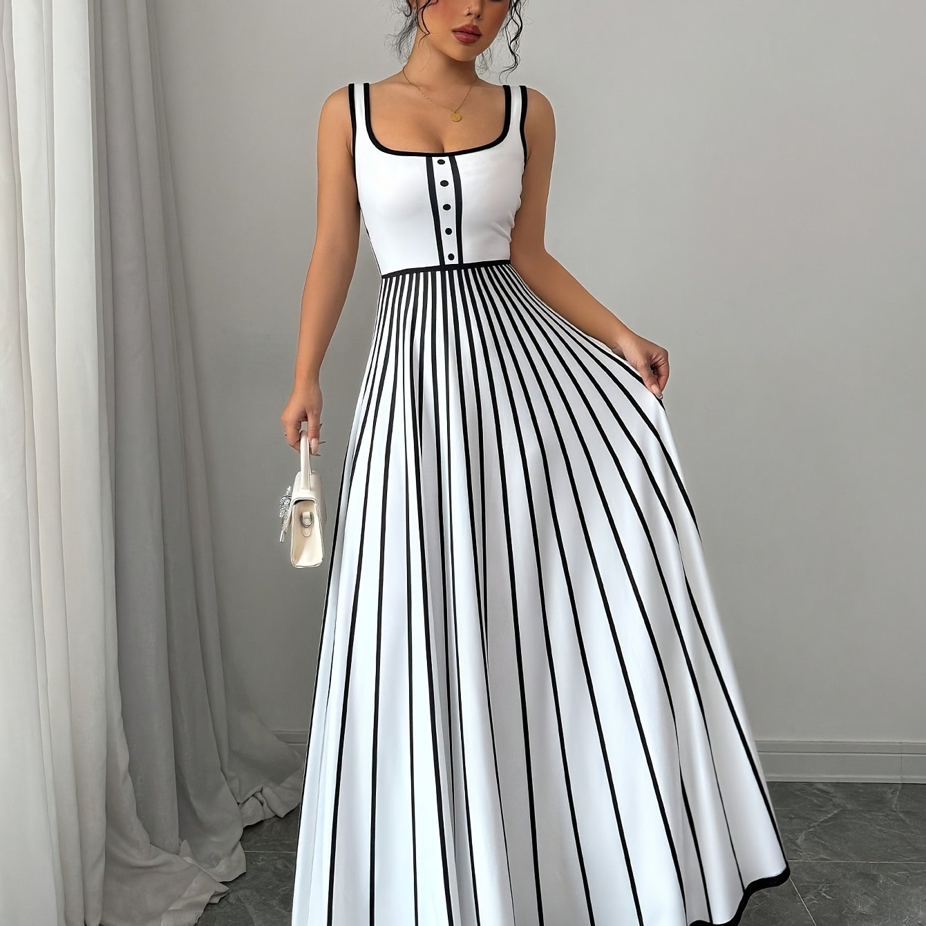 Elegant Striped Sleeveless Maxi Dress for Women - Square Neck, Button Detail, Black & White Vertical Stripes, Flowy Design, Machine Washable, Perfect for Casual or Chic Outfits