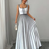Elegant Striped Sleeveless Maxi Dress for Women - Square Neck, Button Detail, Black & White Vertical Stripes, Flowy Design, Machine Washable, Perfect for Casual or Chic Outfits