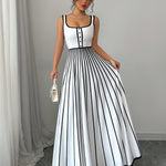 Elegant Striped Sleeveless Maxi Dress for Women - Square Neck, Button Detail, Black & White Vertical Stripes, Flowy Design, Machine Washable, Perfect for Casual or Chic Outfits