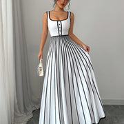 Elegant Striped Sleeveless Maxi Dress for Women - Square Neck, Button Detail, Black & White Vertical Stripes, Flowy Design, Machine Washable, Perfect for Casual or Chic Outfits