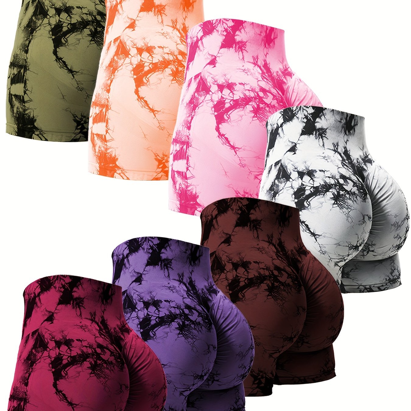 Set Of 7 High Waist Belly Control Shaping Shorts, Tie-dye Yoga Peach Hip-lifting, Compression Fit For Gym And Outdoor Summer Activities, Multi-color Combination Set