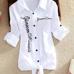 Women'S Casual Long Sleeve White Shirt with "JANISMANNER" Print - Stylish Short Sleeve Blouse with Tie Front, and Lapel Collar for Summer, Top | Stylish Casualwear | Feminine Design