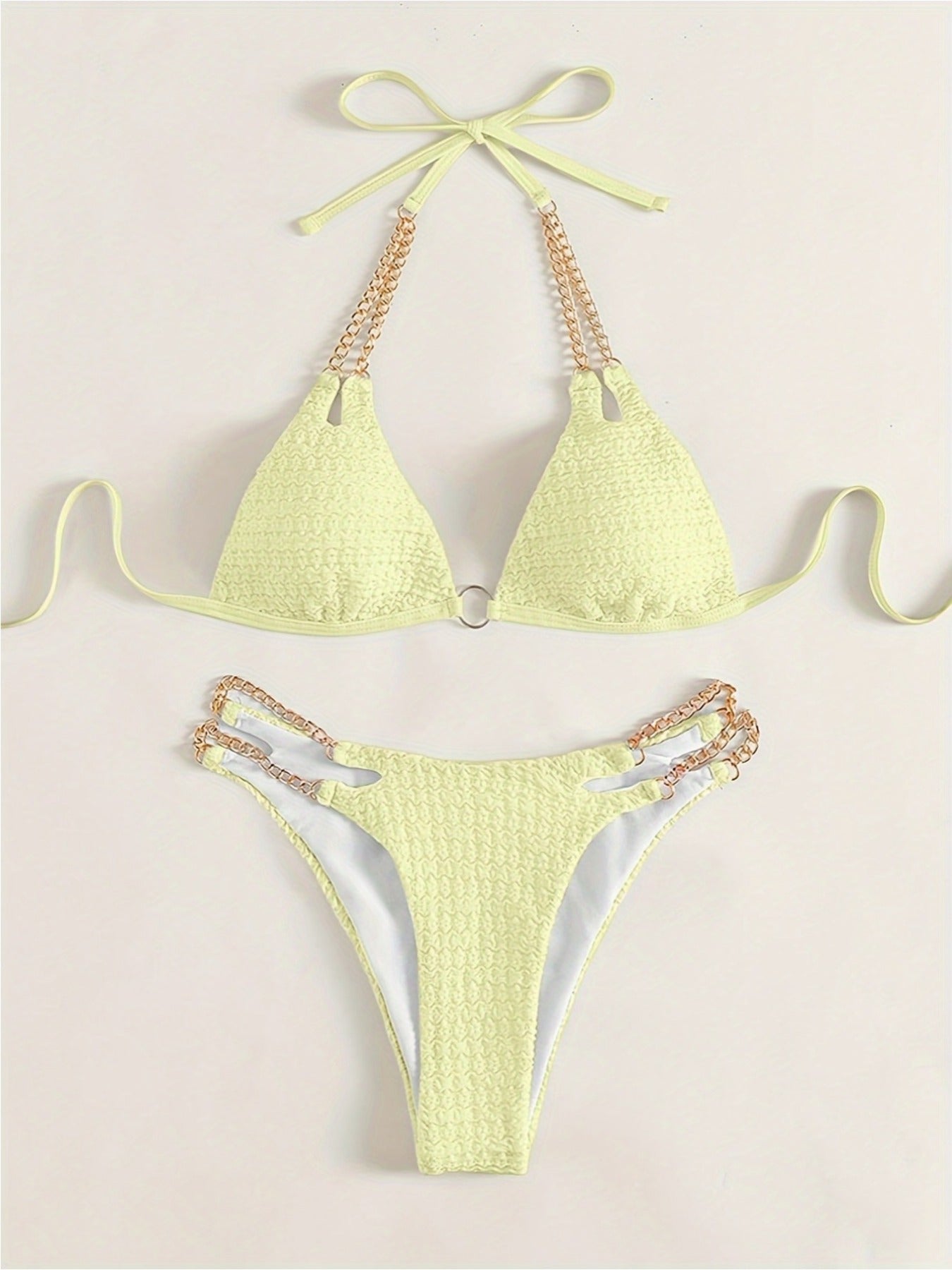 Sexy Chain Hanging Neck Bikini Swimsuit - Daring Split Swimsuit Design for Women, Perfect for Beach Vacations, Spa Days, and Poolside Lounging - Womens Beachwear and Swimwear