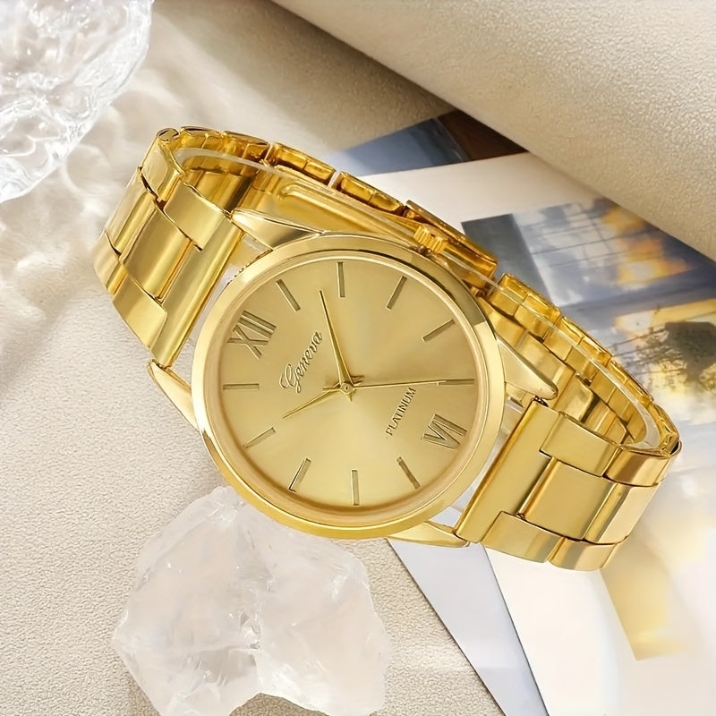5pcs/set Women'S Watch Luxury Golden Quartz Watch Rome Fashion Stainless Steel Wrist Watch & Bracelets, Gift For Mom Her