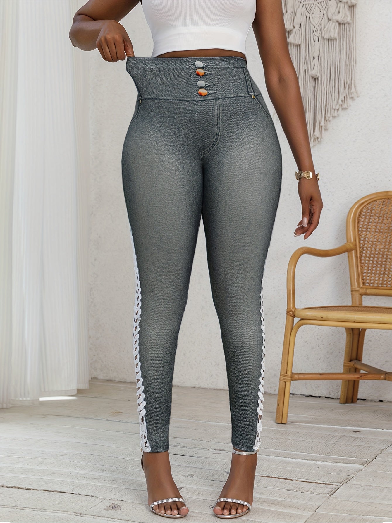 Ladies' High-Elasticity Leggings Made of Faux Denim, Featuring 3D Printing, Casual Style, Hollow Floral, And Lace Decorations for Comfortable Sportswear.