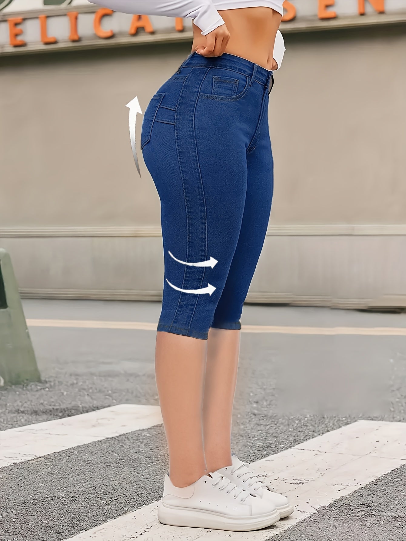 Women'S Casual High Elasticity 7-Inch Denim Shorts - Skinny Fit, Zipper Fly, Button Closure, Light Blue, Spring/Summer Fashion, Casual Wear|Skinny Fit Jeans|Zipper Fly Jeans
