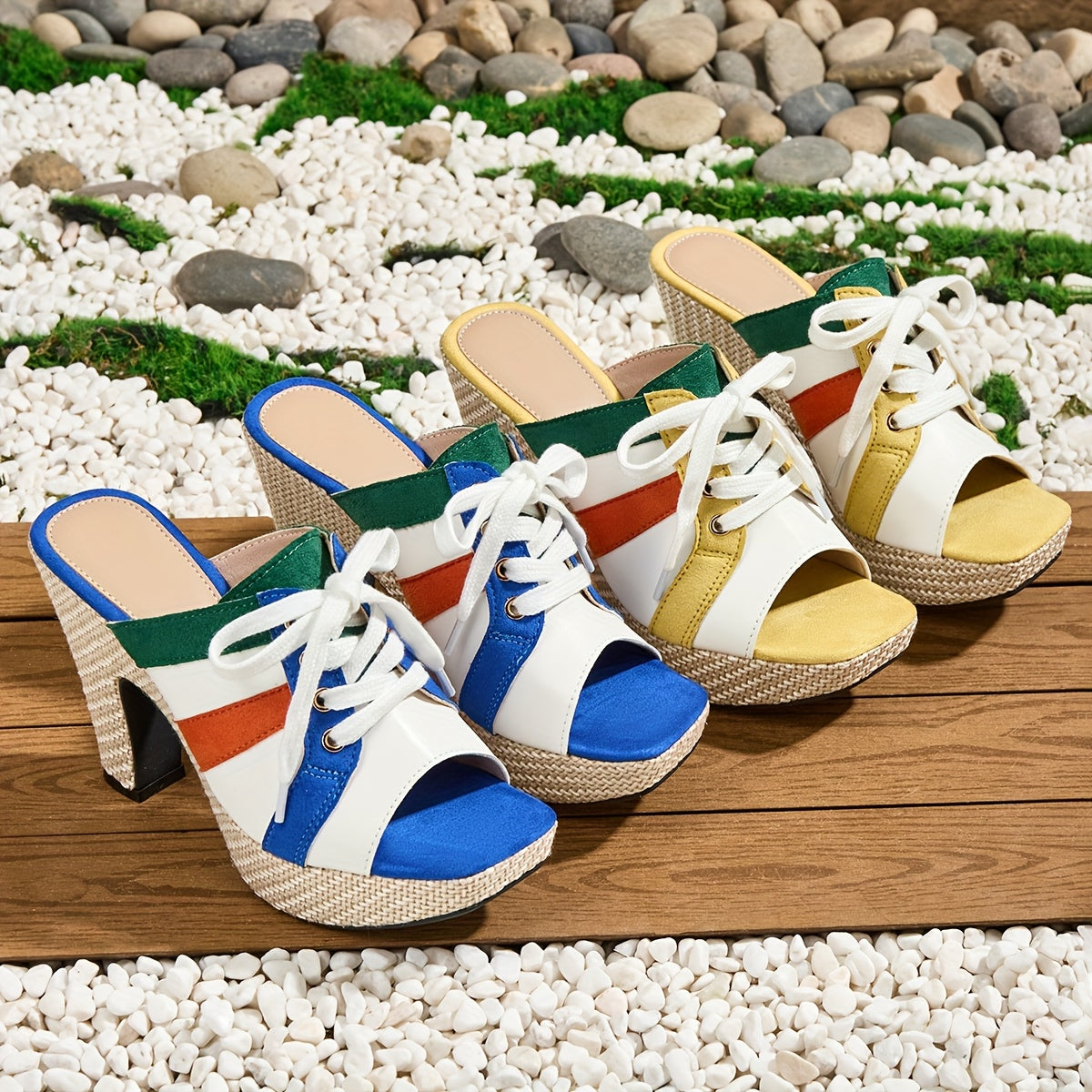 Elegant Women'S Casual Color-Blocked Lace-Up Thick-Soled High-Heeled Waterproof Sandals in a Bohemian Style, Suitable for Work, Leisure, And Professional Parties.