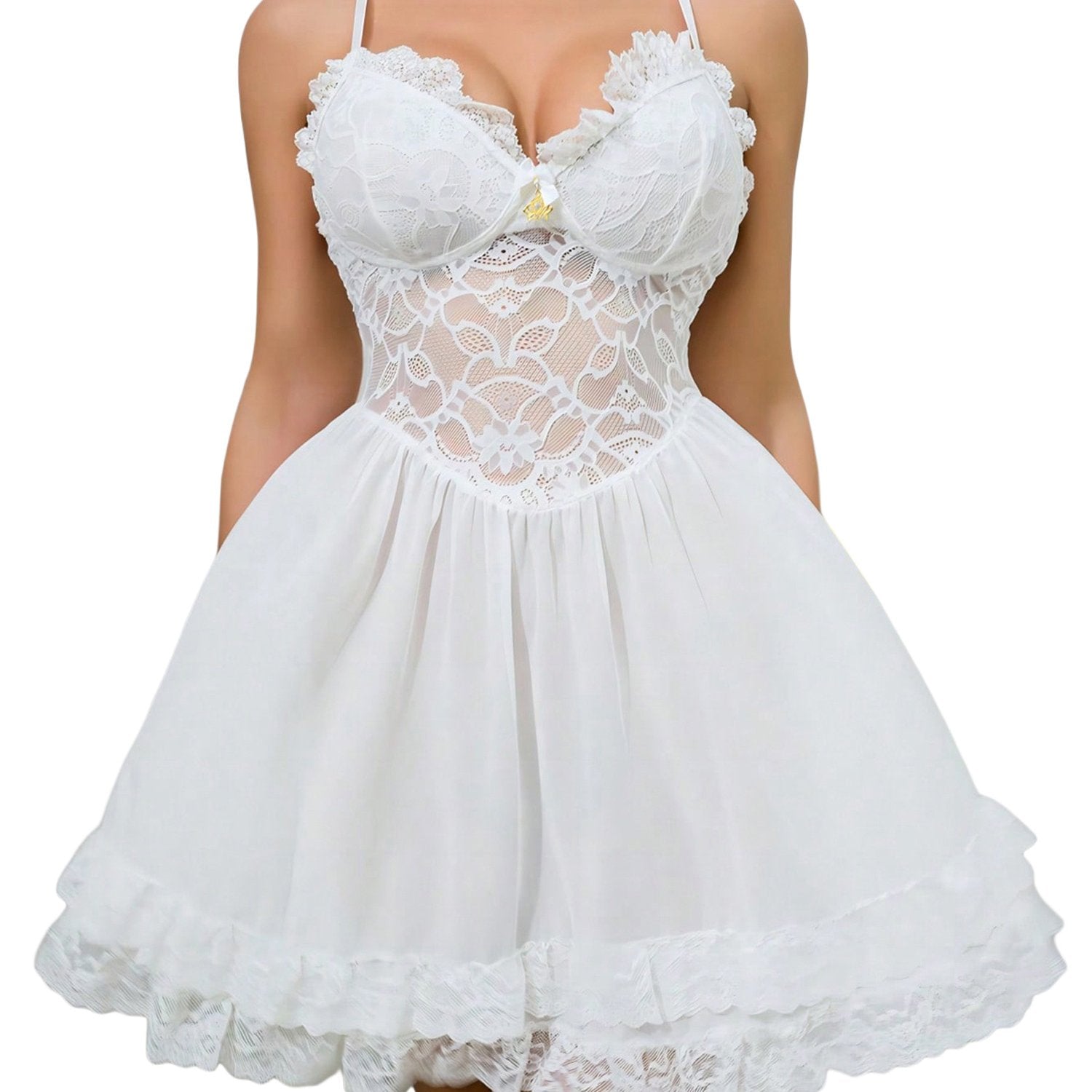 Women Spaghetti Strap Lace Nightgown Sweetheart Neck Sheer Mesh Sleeveless Flowy Lingerie Sleepwear Dress