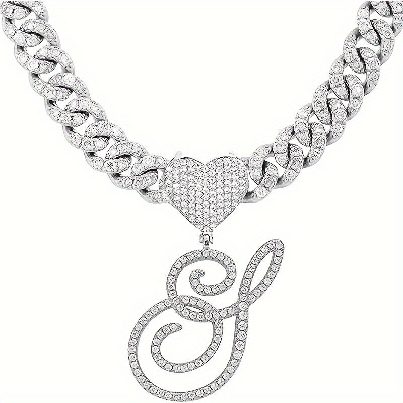 Silvery Cuban Link Necklace - Heart-shaped Alphabet Pendant on Ice Chain - Unisex Hip-hop Jewelry Gift