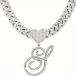 Silvery Cuban Link Necklace - Heart-shaped Alphabet Pendant on Ice Chain - Unisex Hip-hop Jewelry Gift