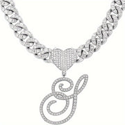 Silvery Cuban Link Necklace - Heart-shaped Alphabet Pendant on Ice Chain - Unisex Hip-hop Jewelry Gift