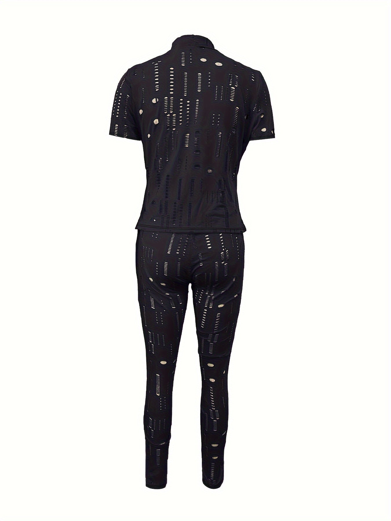 Stretchy Black Summer Ensemble - Ripped Crew Neck Short-Sleeve Top & Leggings Set, Casual Polyester/Spandex Blend, Machine Washable