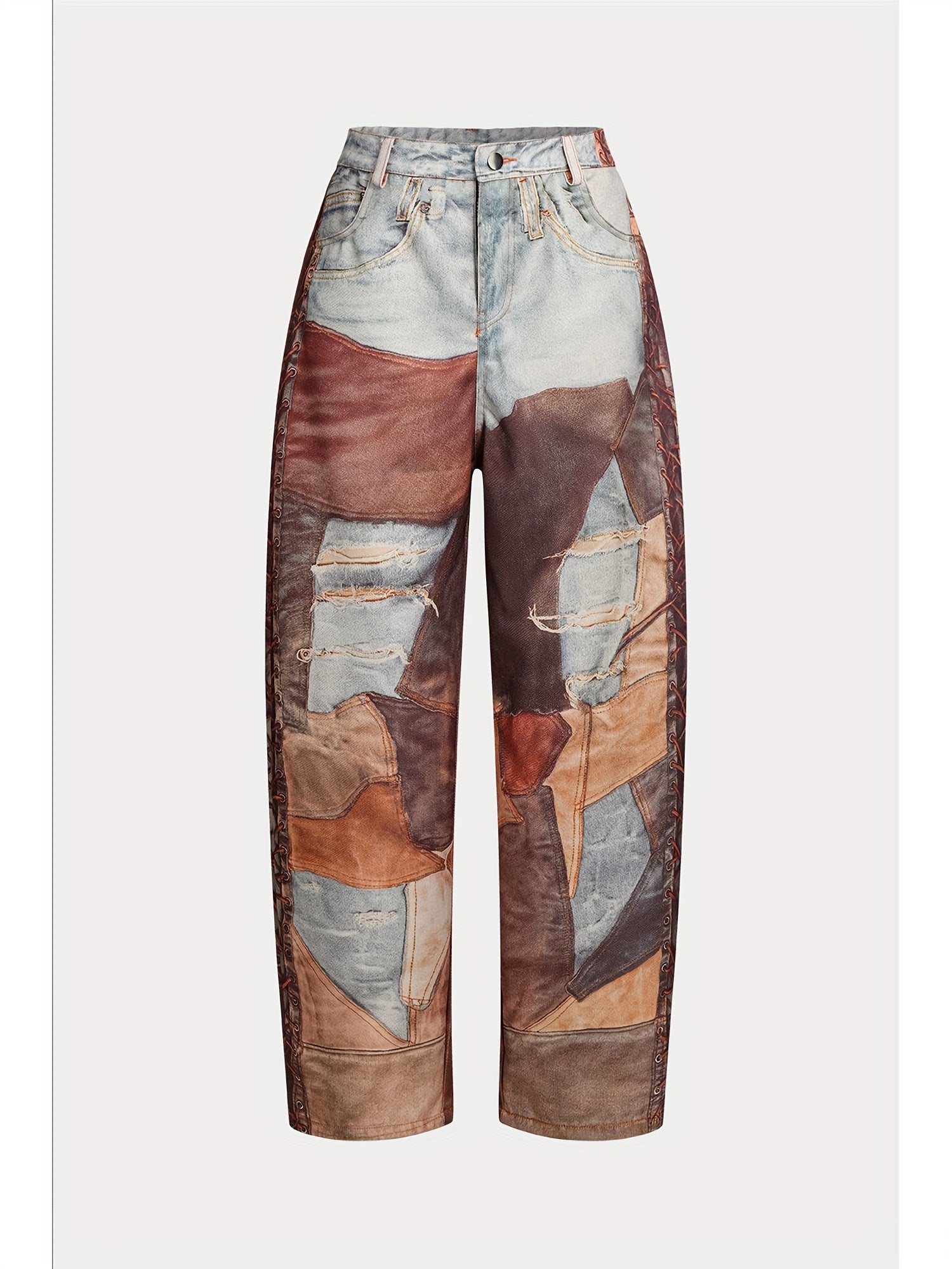 Women'S Patchwork Button - Zipper Pocket Wide - Leg Long Pants. Made Of Denim - Like Fabric, With Printing Techniques, These Pants Exude A Strong Street - Style Trend.