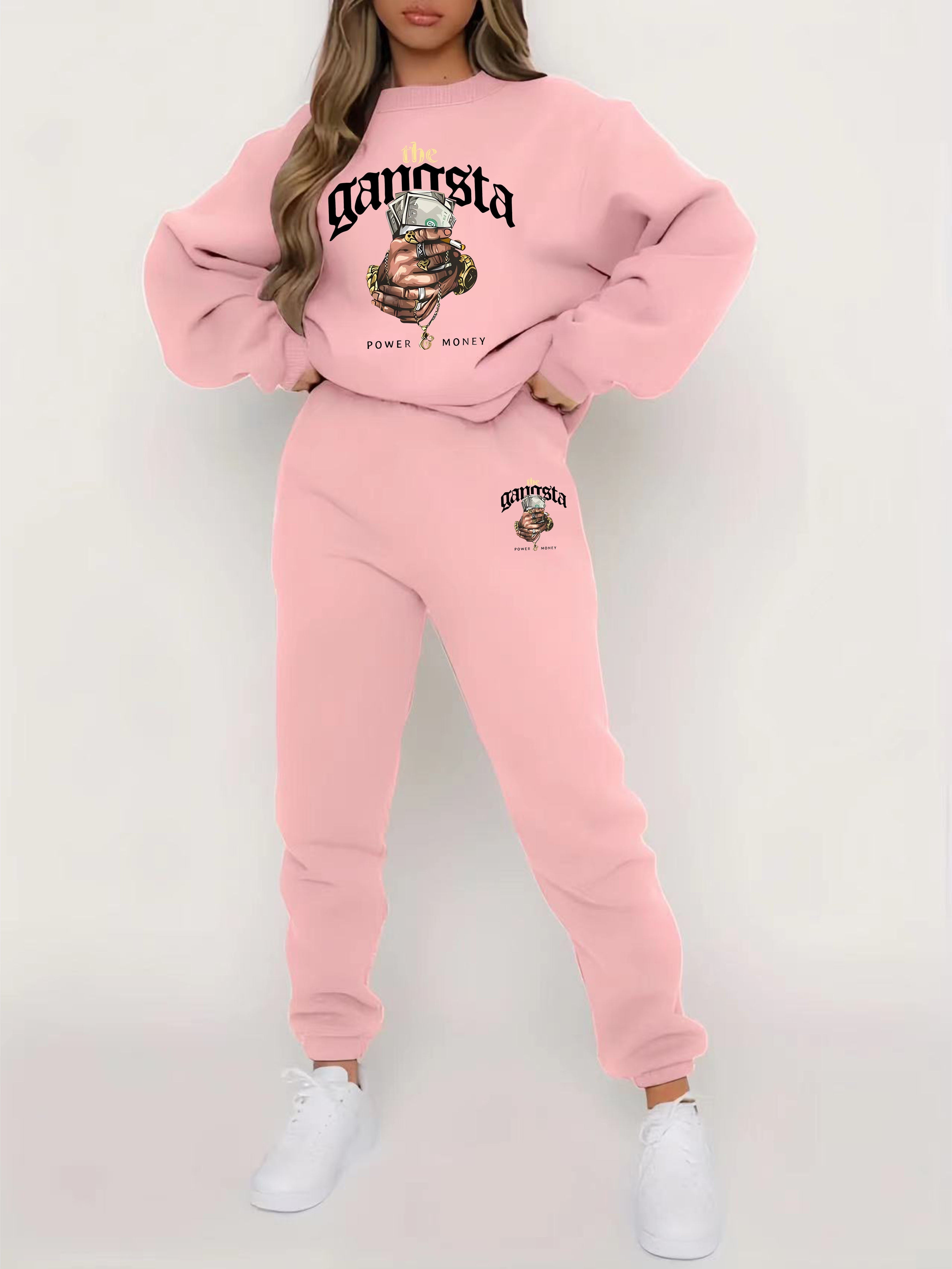 Two-Piece Pants Set - Casual Graphic Print, Warm Fleece, Long Sleeve Crew Neck Pullover Shirt, Skinny Elastic Waist Pants, Women's Clothing Outfits for Everyday Wear