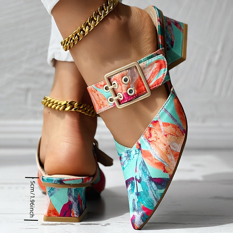 Chic Guangdong-Inspired Women's Sandals with Unique Print, Slip-On Pointed Toe Mid-Heel Shoes - Faux Cover & PVC Sole