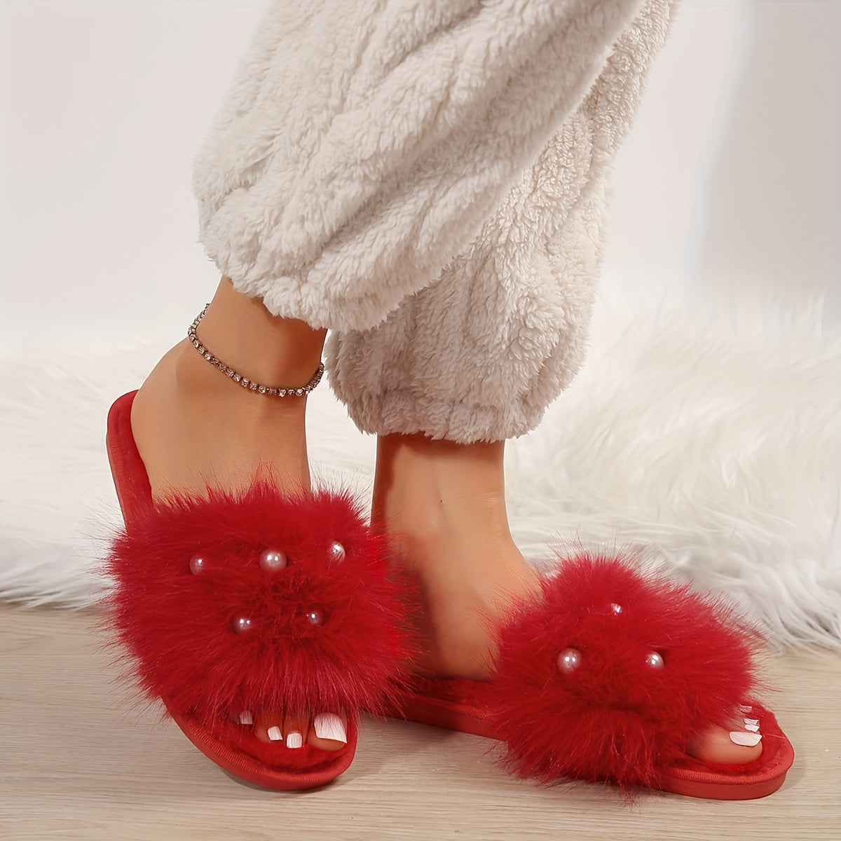 Fuzzy Faux Pearl Home Slippers, Soft Sole Plush Lined Indoor Shoes, Non-slip Floor Mute Slippers, Winter & Autumn
