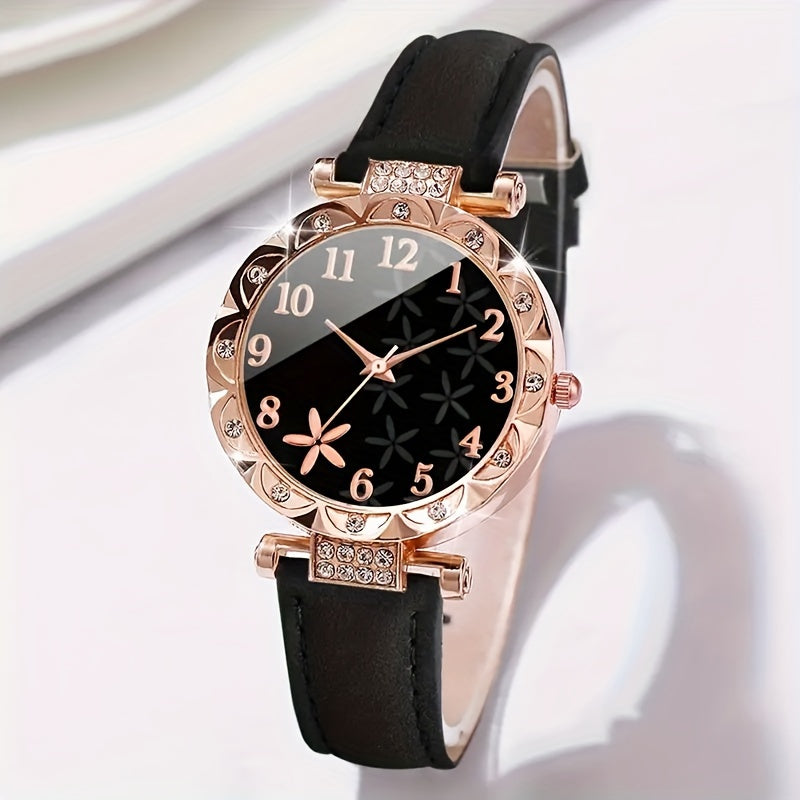 6pcs/set Wome nens wath Csal Rower Quatz Wath Aalcogu L eather tW wacn & Bralese Git for MomHer