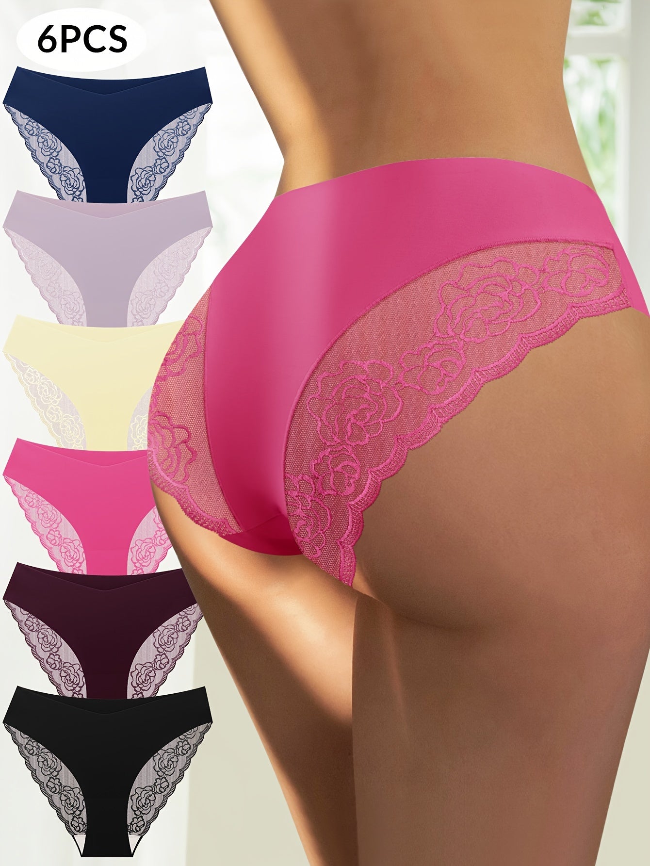 6pcs Contrast Seamless Lace Briefs, Soft & Comfy Stretchy Intimates Panties, Women's Lingerie & Underwear