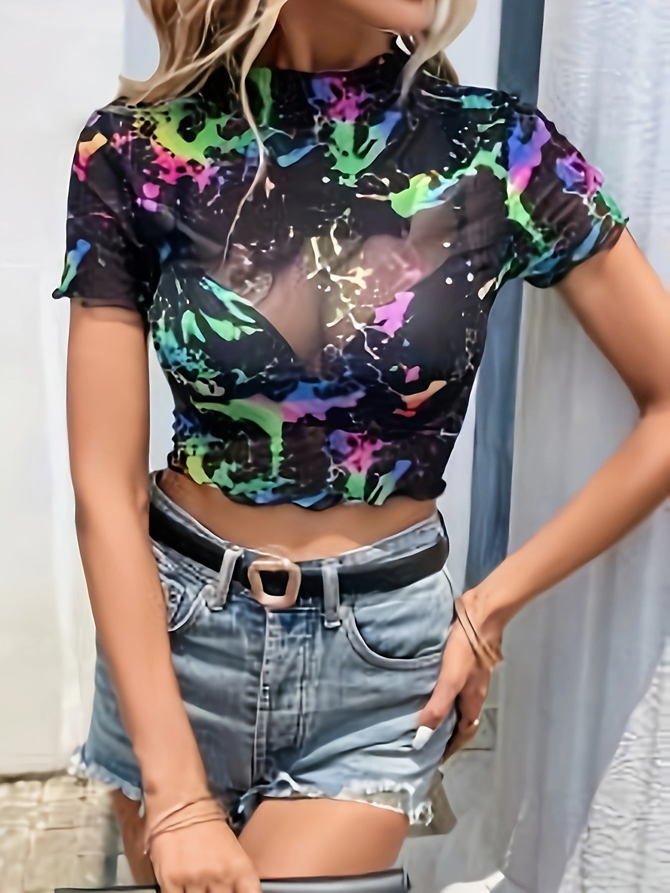Colorful Print Mock Neck T-shirt, Y2K Short Sleeve Lettuce Trim Crop Semi-sheer Top For Spring & Summer, Women's Clothing