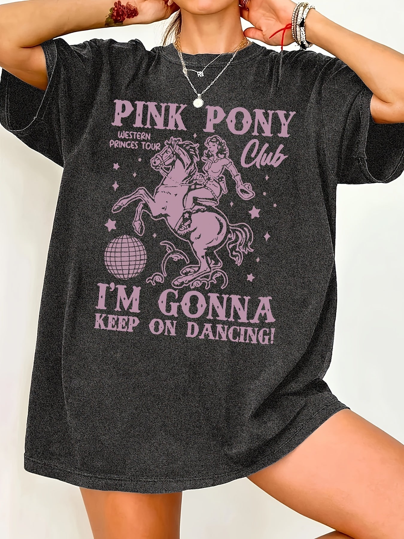 Women'S Pink Pony Club Graphic Tee - "I'm Gonna Keep on Dancing" Print, Casual Crew Neck Short Sleeve T-Shirt, Spring/Summer Fashion Top, Cute and Elegant Styl
