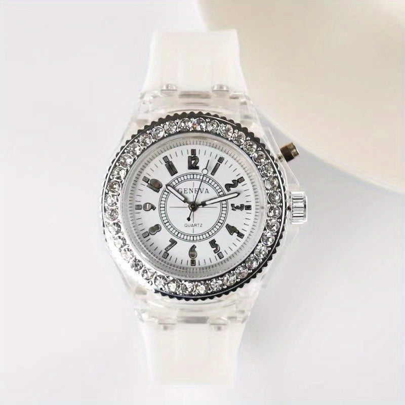 Glow-in-the-Dark LED Trendy Couple'S Watch with Crystal Embellishments, Silicone Strap, and Luminous Display - Perfect for Casual Attire, Casual Watch|Glamorous Timepiece|Polycarbonate Case