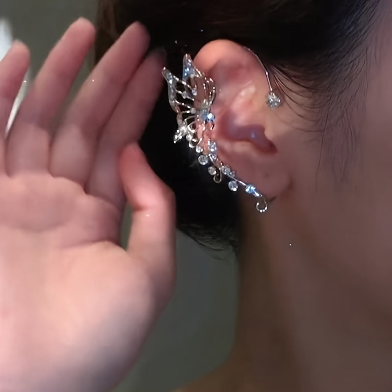 2pcs Butterfly Fairy Ear Cuff Earrings – Non-Pierced Elven Ear Crawlers with Sparkling Synthetic Zircon, Handmade Fantasy Jewelry for Women & Girls, Cosplay or Special Events