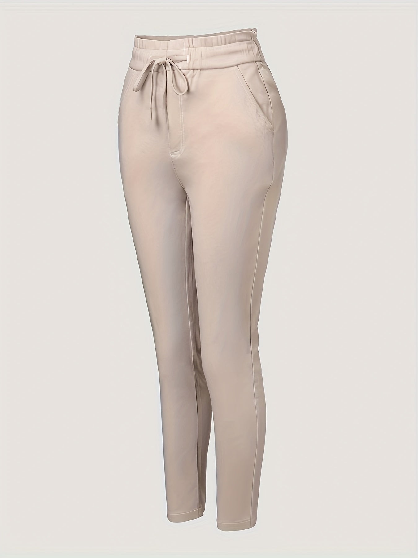 Women's Beige High-Waist Jogger Pants with Drawstring and Pockets - Casual, Stretchy Polyester Blend, Machine Washable