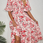 Chic Floral Print Midi Dress with Ruffle Sleeves and Square Neckline - Polyester, Non-Stretch, Machine Washable - Ideal for Spring/Summer Vacations and Gatherings