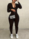 Women's High-Stretch Solid Black Zip-Up Jumpsuit - Long Sleeve, Form-Fitting, Machine Washable, Polyester & Spandex Blend for Spring/Summer Fashion, Casual Wear Jumpsuit | Trendy Jumpsuit | Stretchy Fabric, Romper Jumpsuit
