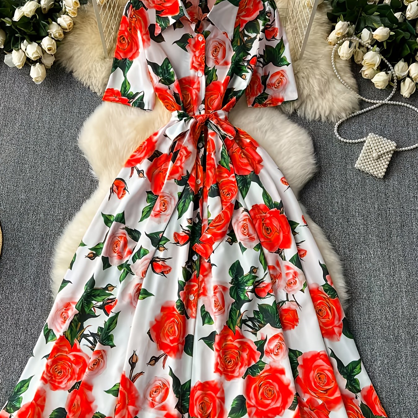 Elegant Women'S Floral Print Dress with Short Sleeves, Lapel Collar, and Cinched Waist - Romantic Rose Design, Perfect for Spring Outings, Garden Parties, and Casual Events, Garden Party Dress | Floral Print Dress | Stylish D