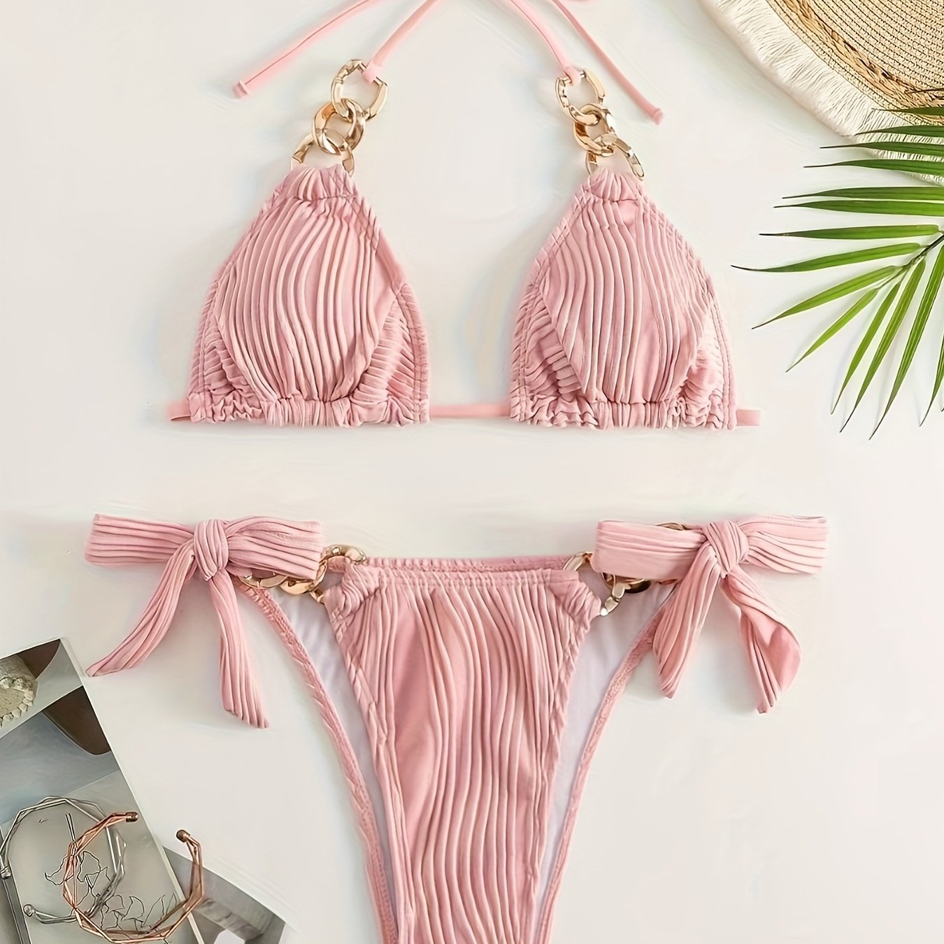 Women's Sexy Bikini Set, Fashion Ruched Fabric With Circle Chain Detail, Tie-Up Swimwear, Two-Piece Triangle Swimsuit