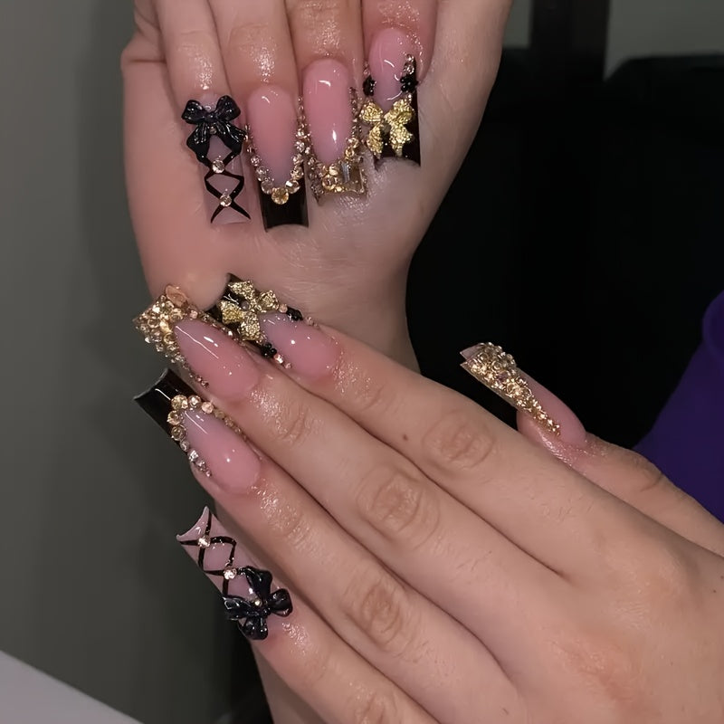 10pcs Glamorous Press-On Nails with Black, Golden Accents - Delicate Bows, Rhinestones & Intricate Patterns, Nude Base, Black Tips, Opulent Golden Details for Special Occasions, Elegant Nail Art, Sophisticated Manicure, Highe