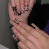 10pcs Glamorous Press-On Nails with Black, Golden Accents - Delicate Bows, Rhinestones & Intricate Patterns, Nude Base, Black Tips, Opulent Golden Details for Special Occasions, Elegant Nail Art, Sophisticated Manicure, Highe