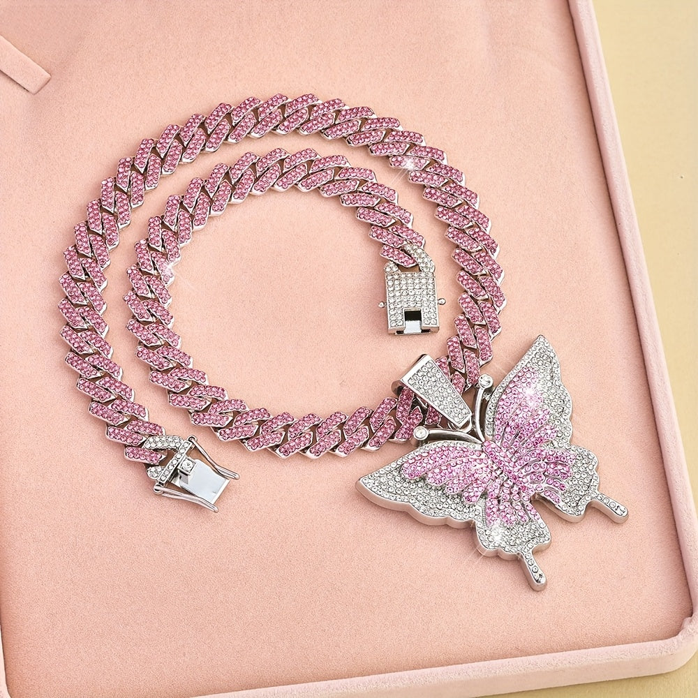 Hiphop Butterfly Pendant Necklace Setanimal themed jewelry Y2K style zinc alloychain with synthetic stone and setaperfect for parties, music festivals andValentine's Day gifts Fashion jewelry