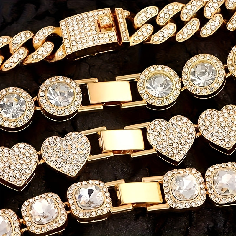 Fashion Women's 4-piece Combo Set - Women's Heart-studded Synthetic Zircon Cuban Bracelet - Multi-layer Chain Bracelet Set - Perfect For Giving Women's Gift Set - , Banquet, Gift Giving, Everyday Accessories