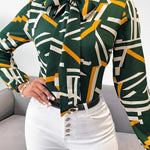 Geo Print Tie Neck Blouse, Elegant Long Sleeve Blouse For Spring & Fall, Women's Clothing