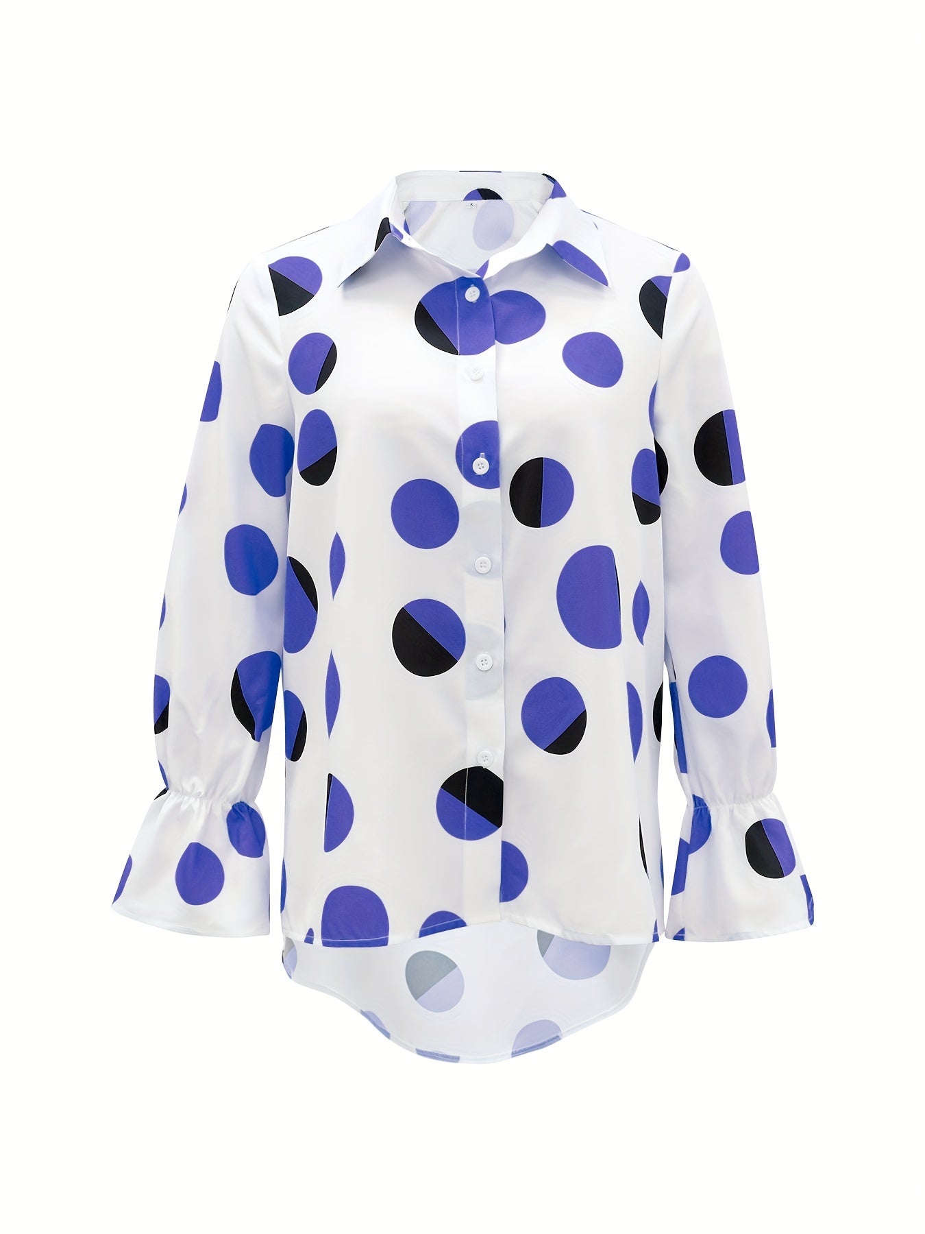 Long Sleeve Elegant Polka Dot Print Shirt - Loose Fit, Dipped Hem, Slit Hem, Machine Washable, Random Printing - Perfect for Spring, Summer, and Fall Seasons