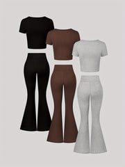 6-Pack Women's Casual Slim-Fit T-Shirt & Flare Pants Set – Short Sleeve Round Neck Top & Stretchy Solid Color Homewear for Spring/Summer