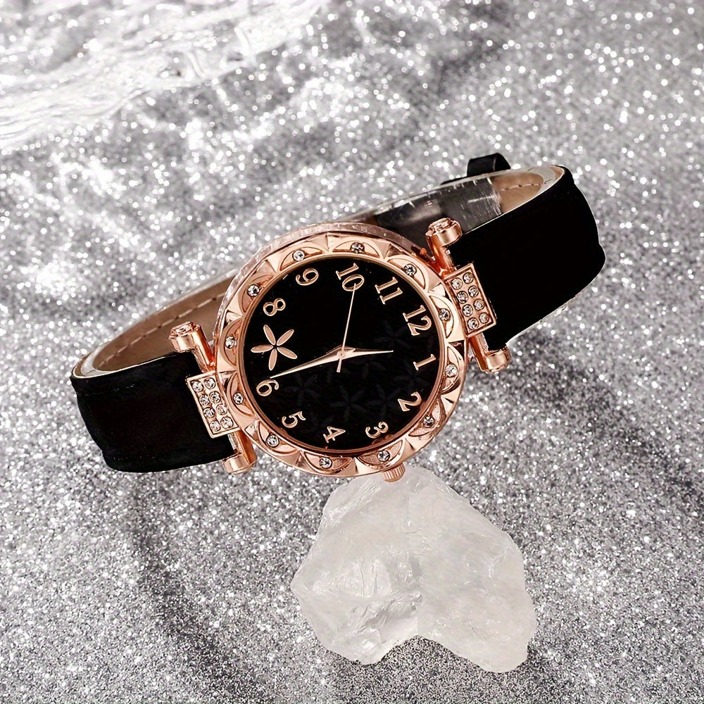 6pcs Elegant Ladies' Fashion Watch and Bracelet Set, Round Quartz Movement, PU Leather Strap, Zinc Alloy Case, Non-Rechargeable Battery - Perfect for Daily Wear, Parties, and Gifts for Special Occasions